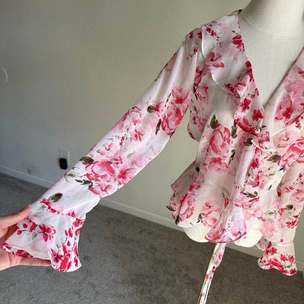 IF BY SEA Floral Ruffle Blouse Women's Small Pink Romantic Long Sleeve Romantic - Picture 5 of 9